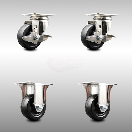 Service Caster 3 Inch 316SS Hard Rubber Wheel Swivel Top Plate Caster Brake 2 Rigid SCC, 2PK SCC-SS31620S314-HRS-TLB-2-R-2